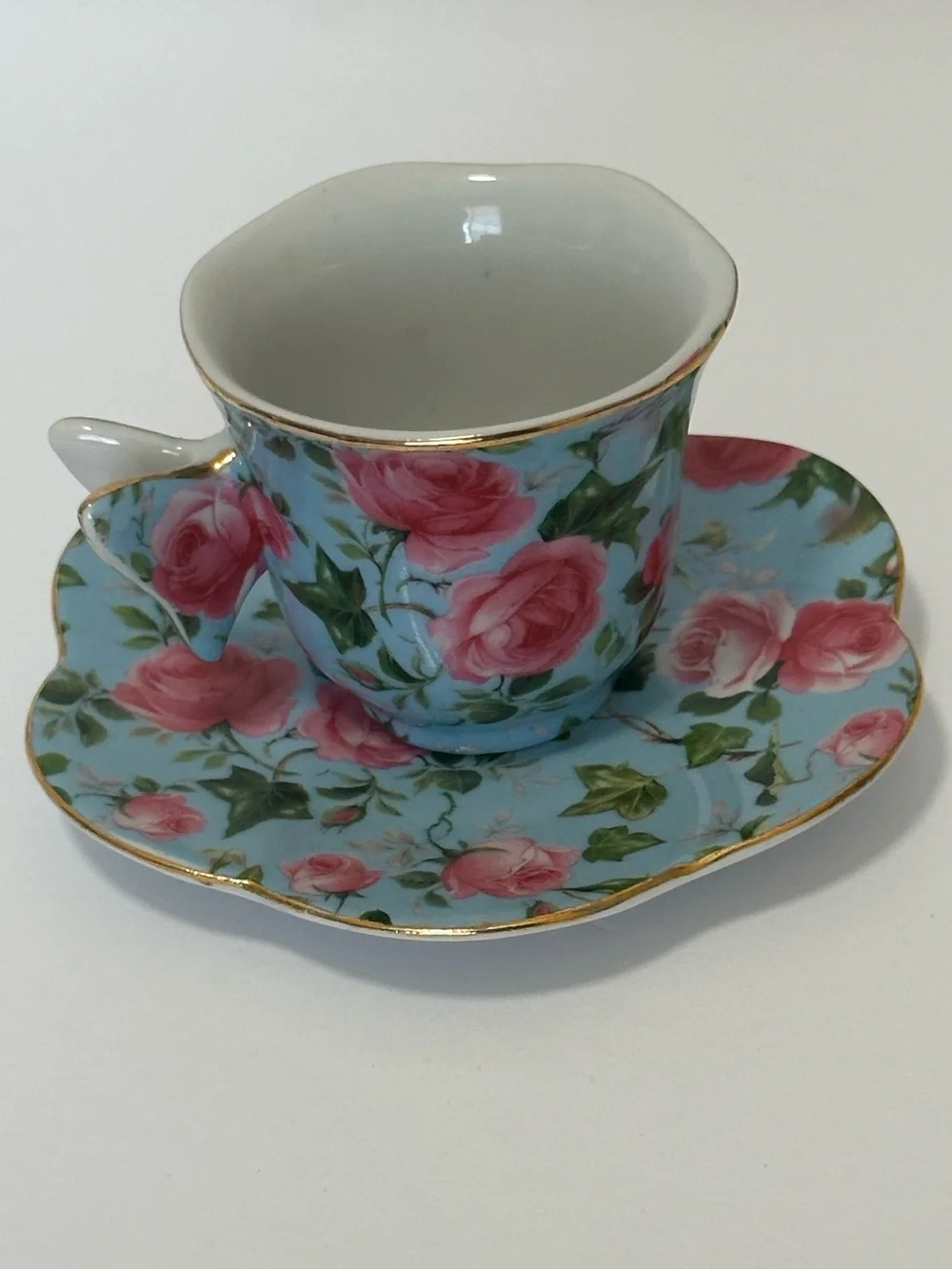 Floral Rose Teacup and Saucer - Blue Pink Gold Trim